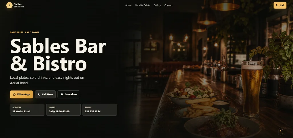 MiniPage business website for Sables Bar & Bistro