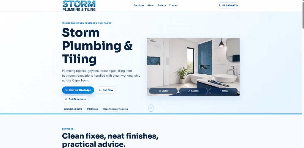 MiniPage business website for Storm Plumbing & Tiling